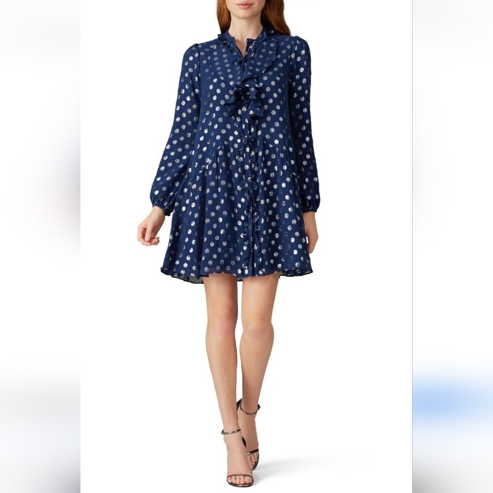Saloni Navy Dot Tilly Silk Ruffle Mini Dress Size 6
